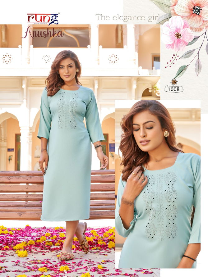 Anushka By Rung Silky Rayon Diamond Work Designer Kurtis Wholesale Price In Surat